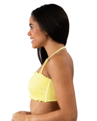 Solid Yellow Smocked Tie Back Bandeau Top