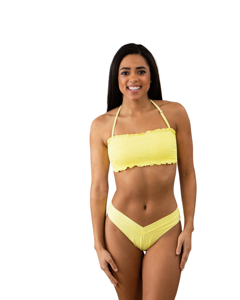 Solid Yellow Smocked Tie Back Bandeau Top