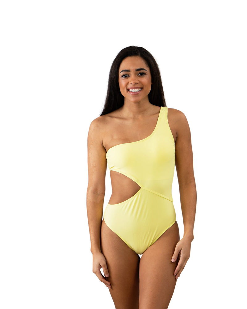 Solid Yellow One Shoulder Open Side One Piece