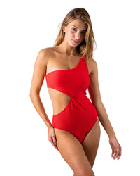 Solid Cherry Ribbed One Shoulder Open Side One Piece