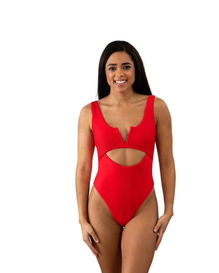 Solid Cherry Ribbed V Front One Piece