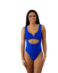 Solid Indigo Ribbed V Front One Piece