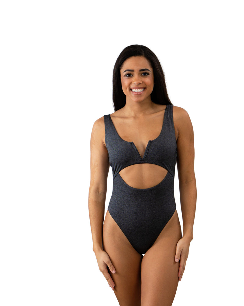 Solid Metallic Black V Front One Piece