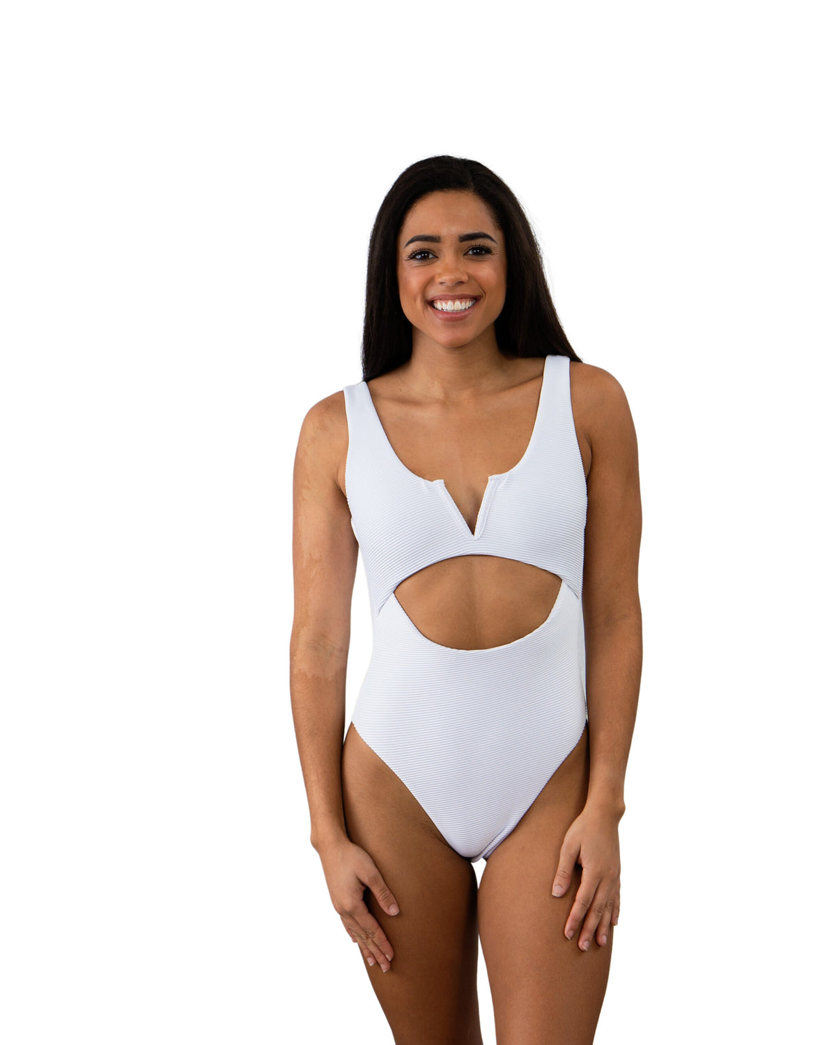 Solid White Ribbed V Front One Piece