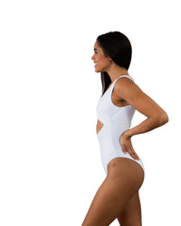 Solid White Ribbed V Front One Piece